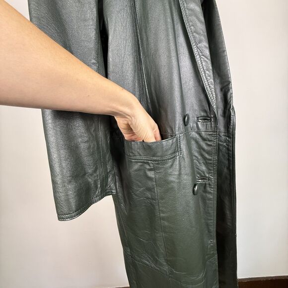 Vintage Leather Trench by Fitz Wright, Dark Green Longline 90s Matrix Style Coat - Picture 5 of 15